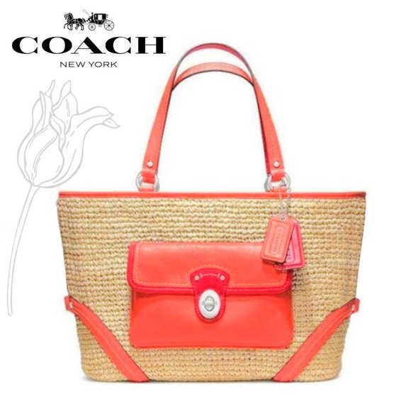 Coach Straw Natural & Tangerine Leather Shopper Pocket Tote Bag